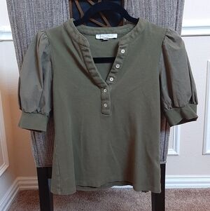 Elegant Olive Ribbed Henley Puff Sleeves Button Detail Top